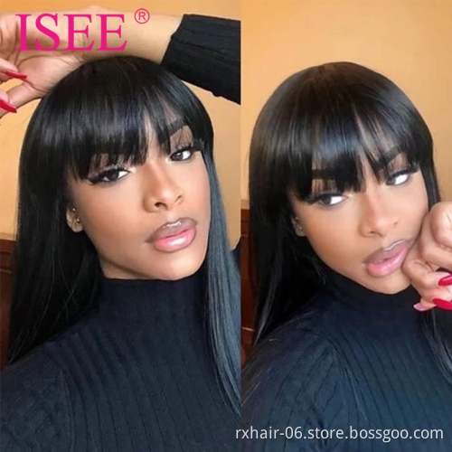 ISEE Straight Bob Wig With Bangs Brazilian Straight Human Hair Wigs Remy Machine Made Short Bob Wigs For Women
